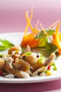 Langostino con sal y pimineta. Rte. Zen Bambu